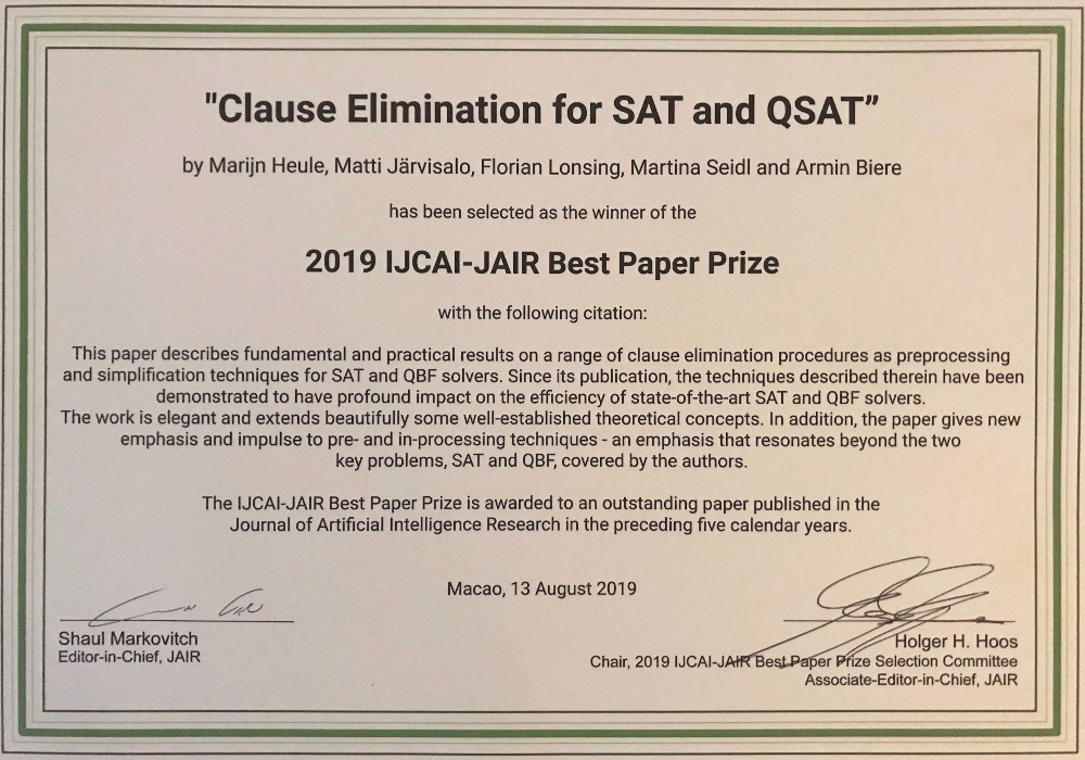 IJCAI-JAIR 2019 Award Certificate